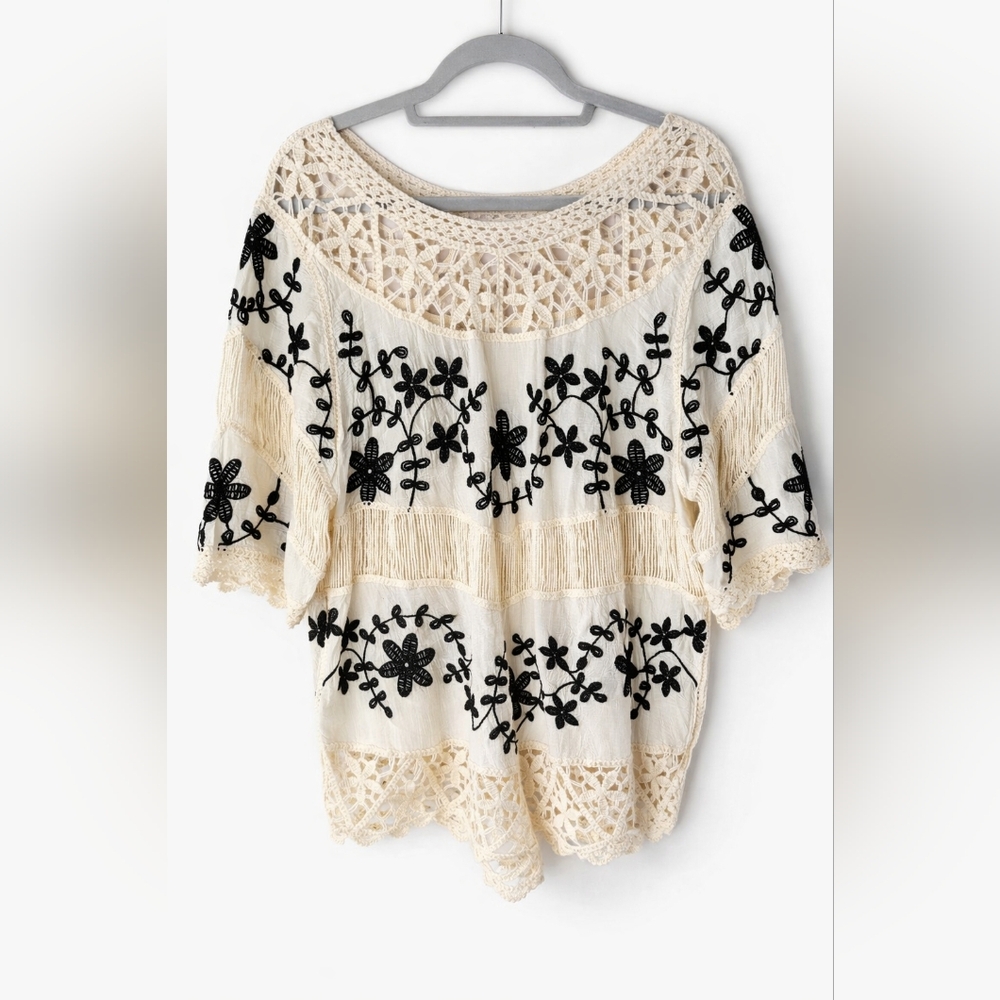 Oliver by Escio Boho Embroidered Crochet Lace Top | Cotton Festival Blouse